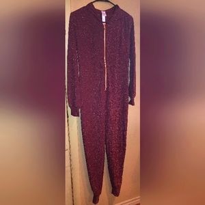 Savage Fenty Womens Medium One Piece Pajama Lounge Hooded Glitter Zip Up Stretch